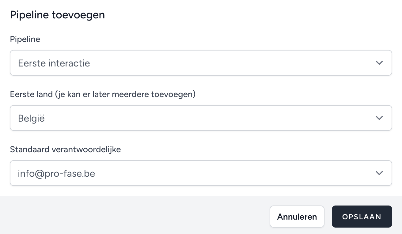 Dialoog Pipeline toevoegen op het Assign dashboard