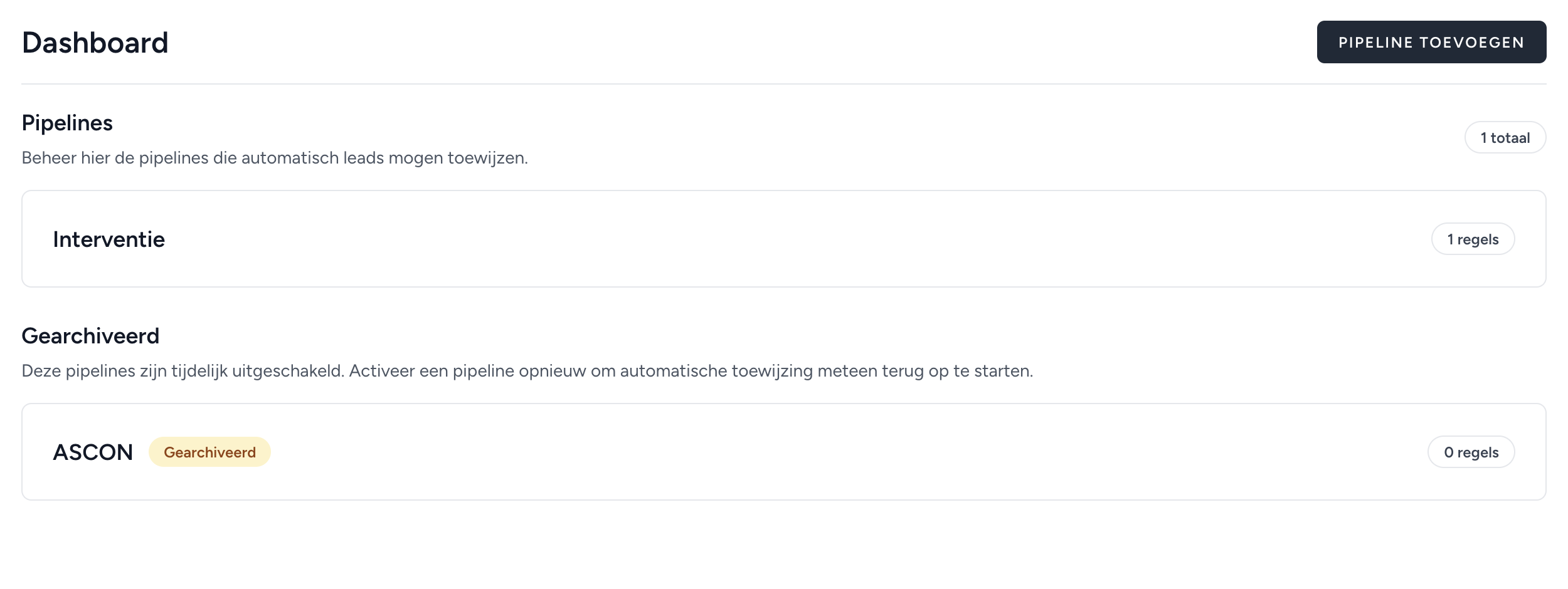 Lijst met actieve en gearchiveerde pipelines op het dashboard
