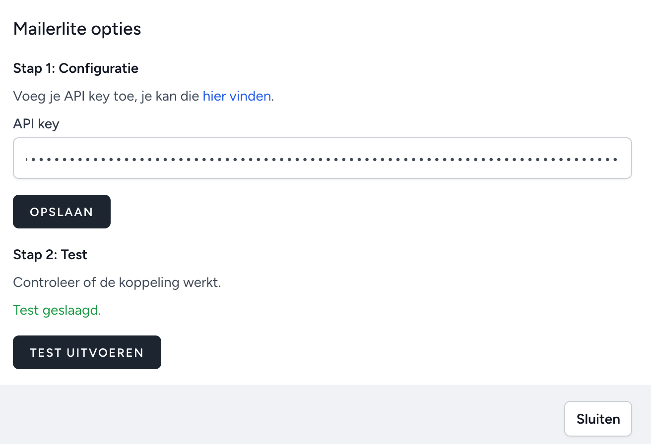 Configuratieformulier en testresultaat