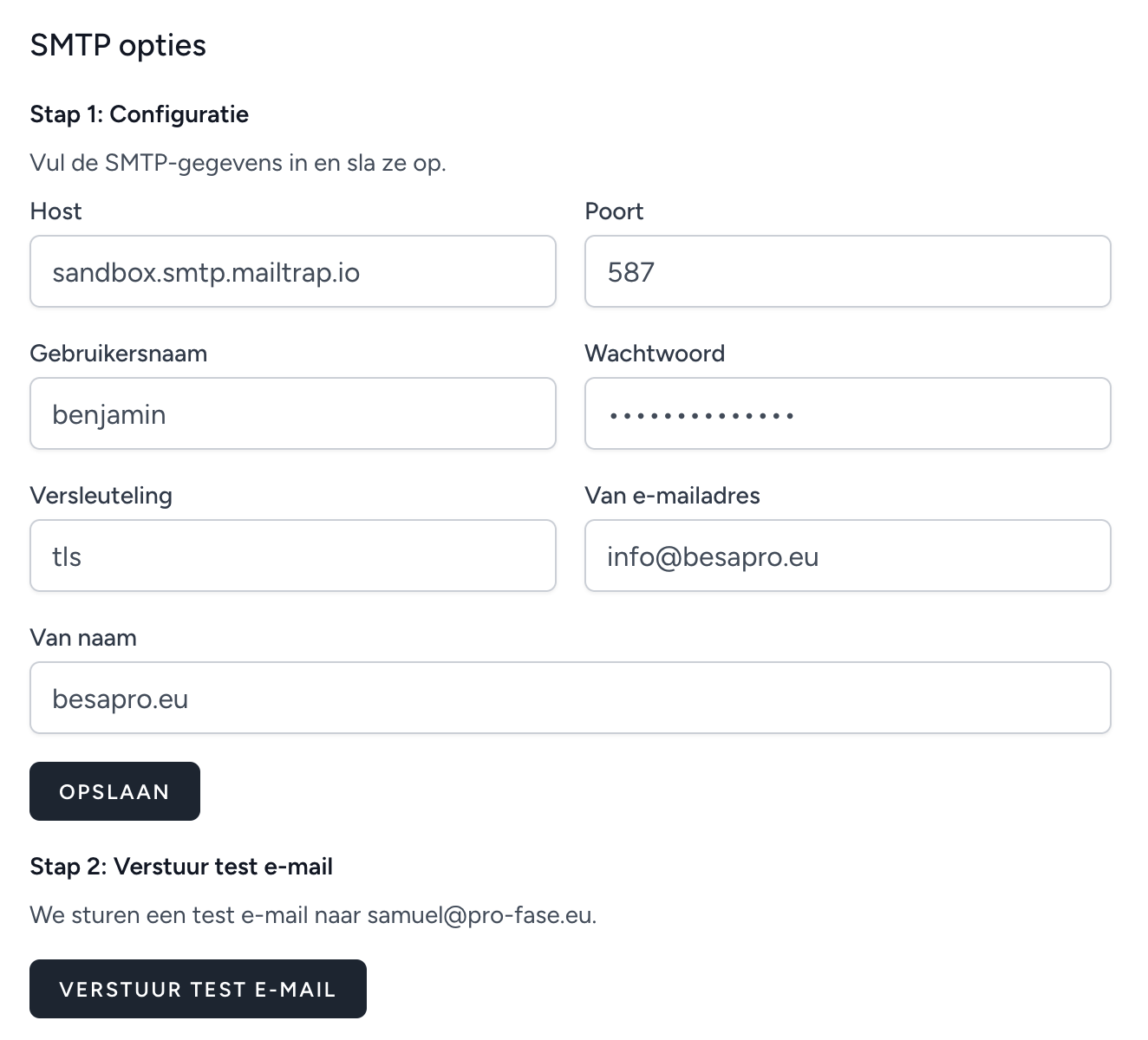 Configuratieformulier met alle SMTP velden