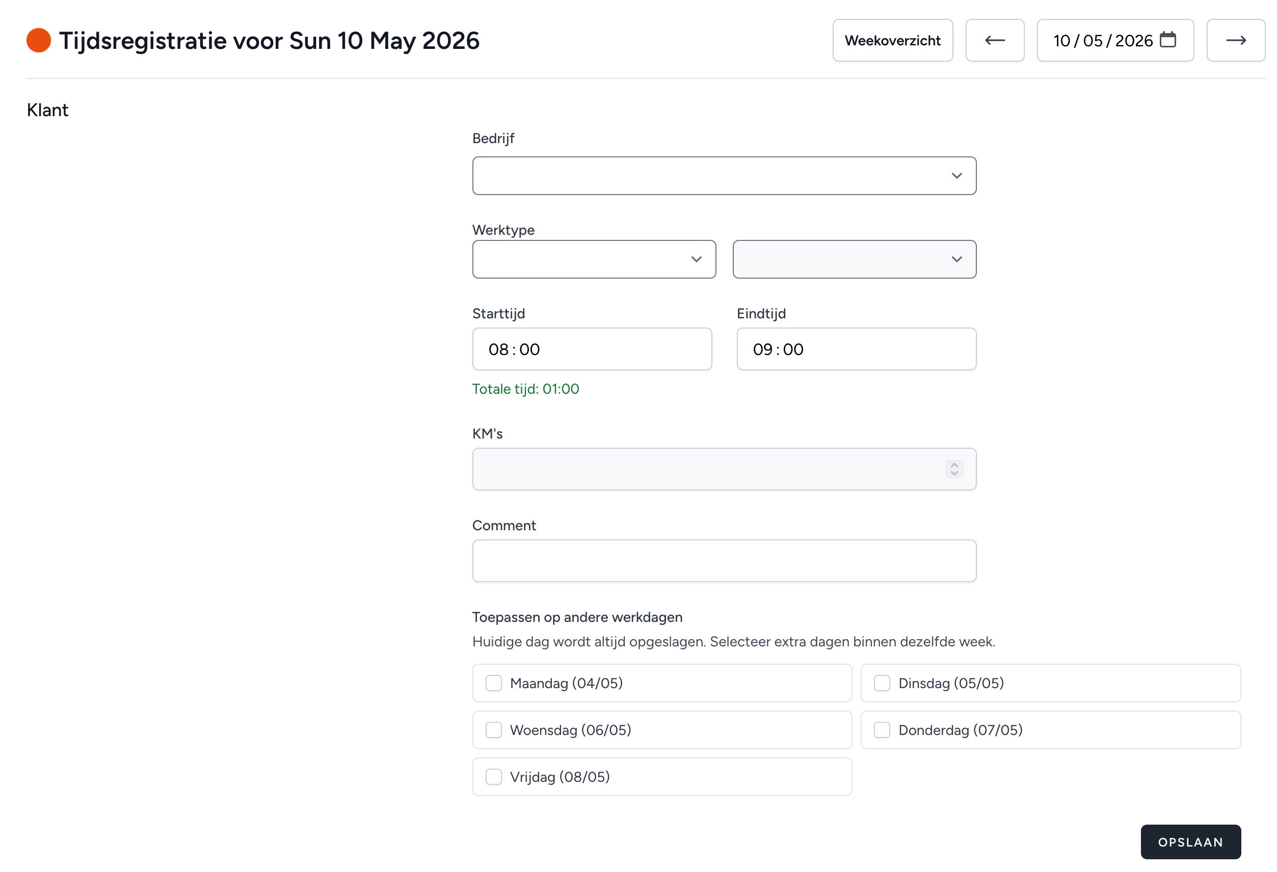 Tijdregistratie toevoegen vanuit het dashboard
